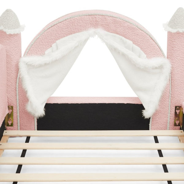 English Elm Twin Kids Boucle Upholstered Bed Solid Wood Frame with Full Guardrails Sculpted Silhouette Pink Castle Bed W1413S00218