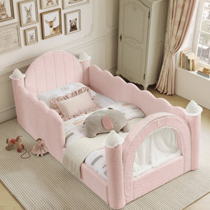 English Elm Twin Kids Boucle Upholstered Bed Solid Wood Frame with Full Guardrails Sculpted Silhouette Pink Castle Bed W1413S00218
