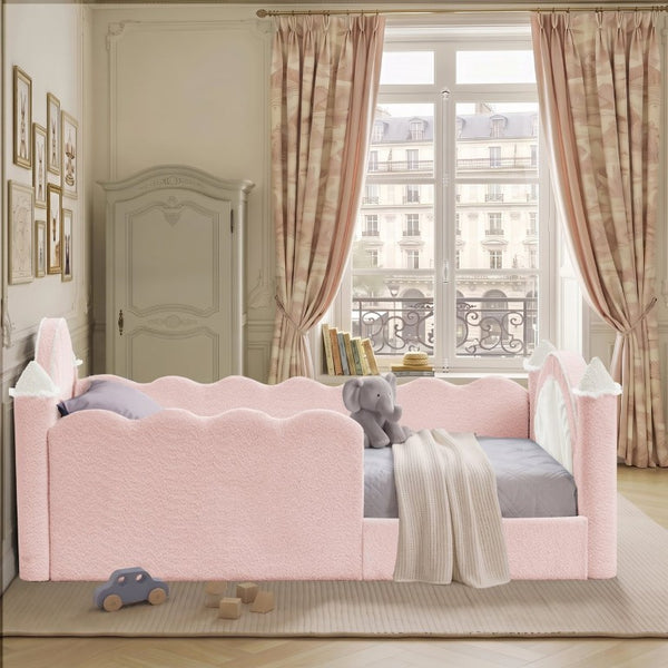 English Elm Twin Kids Boucle Upholstered Bed Solid Wood Frame with Full Guardrails Sculpted Silhouette Pink Castle Bed W1413S00218
