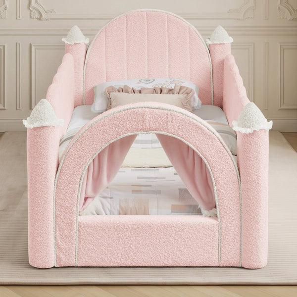 English Elm Twin Kids Boucle Upholstered Bed Solid Wood Frame with Full Guardrails Sculpted Silhouette Pink Castle Bed W1413S00218