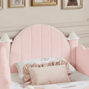 English Elm Twin Kids Boucle Upholstered Bed Solid Wood Frame with Full Guardrails Sculpted Silhouette Pink Castle Bed W1413S00218