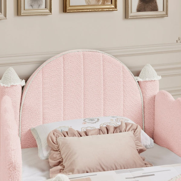 English Elm Twin Kids Boucle Upholstered Bed Solid Wood Frame with Full Guardrails Sculpted Silhouette Pink Castle Bed W1413S00218