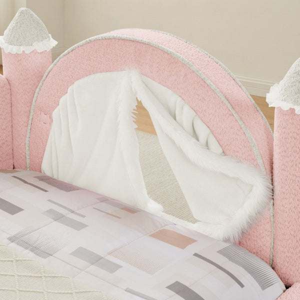 English Elm Twin Kids Boucle Upholstered Bed Solid Wood Frame with Full Guardrails Sculpted Silhouette Pink Castle Bed W1413S00218