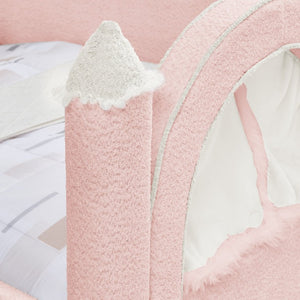 English Elm Twin Kids Boucle Upholstered Bed Solid Wood Frame with Full Guardrails Sculpted Silhouette Pink Castle Bed W1413S00218