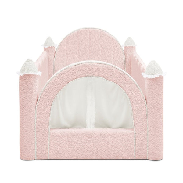 English Elm Twin Kids Boucle Upholstered Bed Solid Wood Frame with Full Guardrails Sculpted Silhouette Pink Castle Bed W1413S00218