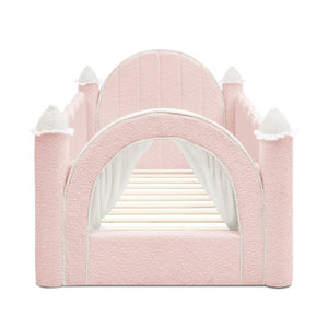 English Elm Twin Kids Boucle Upholstered Bed Solid Wood Frame with Full Guardrails Sculpted Silhouette Pink Castle Bed W1413S00218