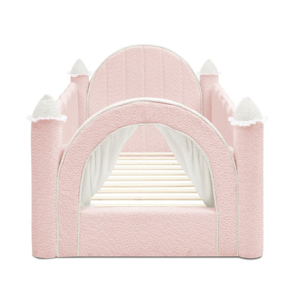 English Elm Twin Kids Boucle Upholstered Bed Solid Wood Frame with Full Guardrails Sculpted Silhouette Pink Castle Bed W1413S00218