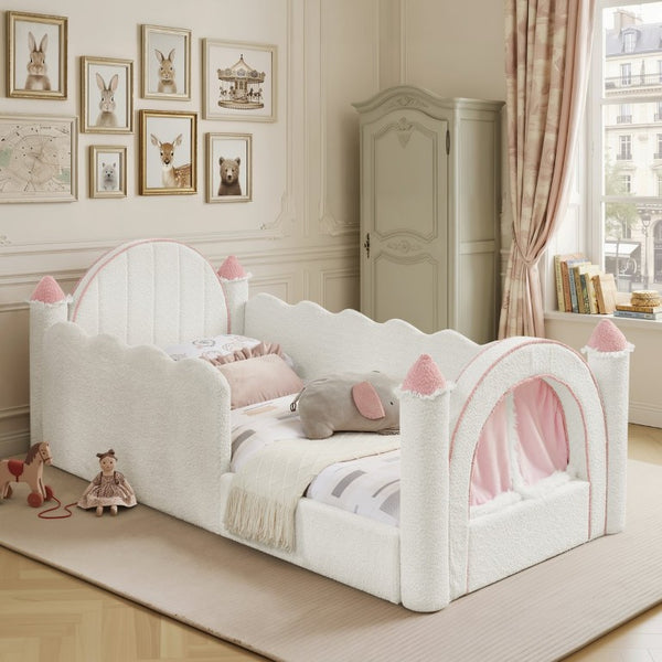 English Elm Twin Kids Boucle Upholstered Bed Solid Wood Frame with Full Guardrails Sculpted Silhouette White Castle Bed W1413S00219