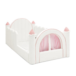English Elm Twin Kids Boucle Upholstered Bed Solid Wood Frame with Full Guardrails Sculpted Silhouette White Castle Bed W1413S00219