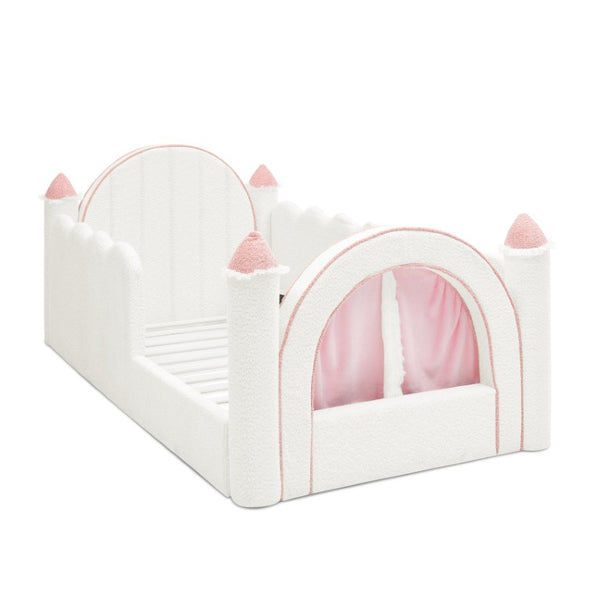English Elm Twin Kids Boucle Upholstered Bed Solid Wood Frame with Full Guardrails Sculpted Silhouette White Castle Bed W1413S00219