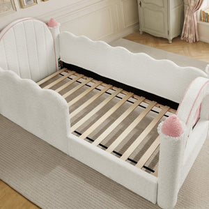 English Elm Twin Kids Boucle Upholstered Bed Solid Wood Frame with Full Guardrails Sculpted Silhouette White Castle Bed W1413S00219
