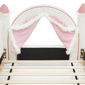 English Elm Twin Kids Boucle Upholstered Bed Solid Wood Frame with Full Guardrails Sculpted Silhouette White Castle Bed W1413S00219