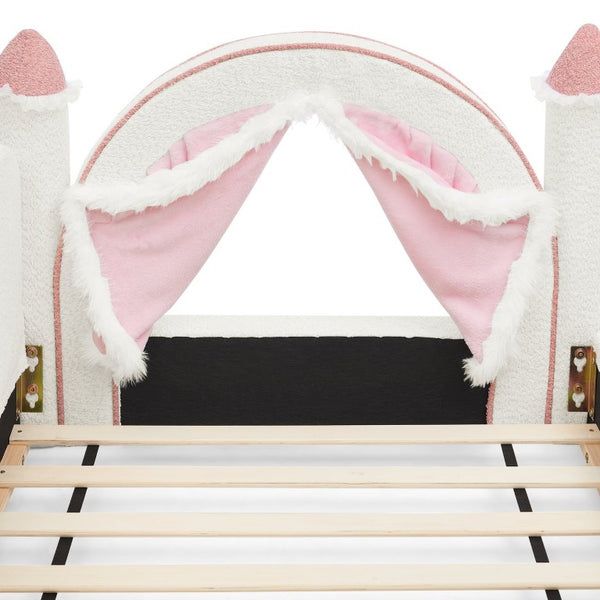 English Elm Twin Kids Boucle Upholstered Bed Solid Wood Frame with Full Guardrails Sculpted Silhouette White Castle Bed W1413S00219