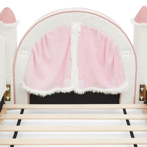 English Elm Twin Kids Boucle Upholstered Bed Solid Wood Frame with Full Guardrails Sculpted Silhouette White Castle Bed W1413S00219