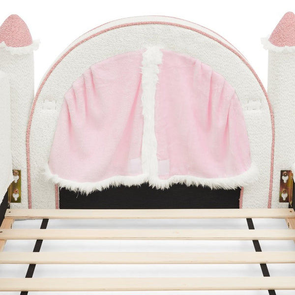 English Elm Twin Kids Boucle Upholstered Bed Solid Wood Frame with Full Guardrails Sculpted Silhouette White Castle Bed W1413S00219