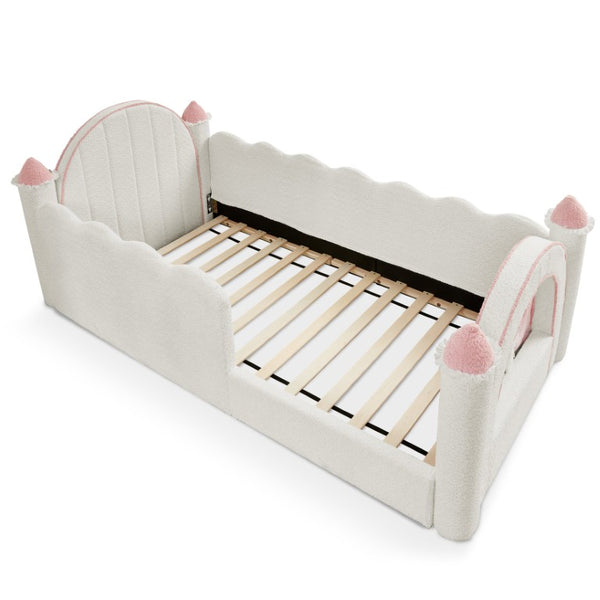 English Elm Twin Kids Boucle Upholstered Bed Solid Wood Frame with Full Guardrails Sculpted Silhouette White Castle Bed W1413S00219
