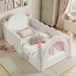 English Elm Twin Kids Boucle Upholstered Bed Solid Wood Frame with Full Guardrails Sculpted Silhouette White Castle Bed W1413S00219