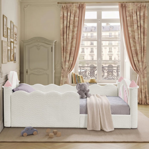English Elm Twin Kids Boucle Upholstered Bed Solid Wood Frame with Full Guardrails Sculpted Silhouette White Castle Bed W1413S00219