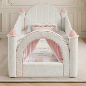 English Elm Twin Kids Boucle Upholstered Bed Solid Wood Frame with Full Guardrails Sculpted Silhouette White Castle Bed W1413S00219