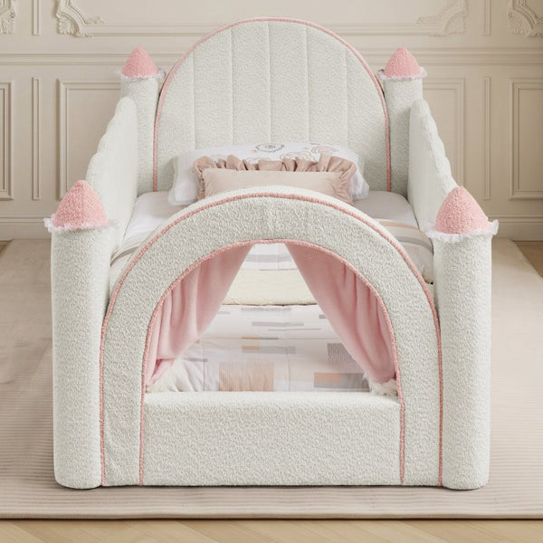 English Elm Twin Kids Boucle Upholstered Bed Solid Wood Frame with Full Guardrails Sculpted Silhouette White Castle Bed W1413S00219