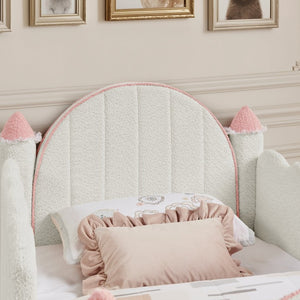 English Elm Twin Kids Boucle Upholstered Bed Solid Wood Frame with Full Guardrails Sculpted Silhouette White Castle Bed W1413S00219