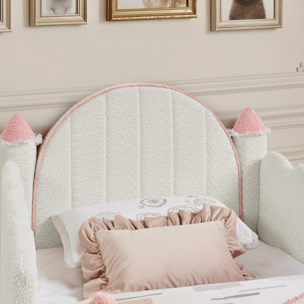English Elm Twin Kids Boucle Upholstered Bed Solid Wood Frame with Full Guardrails Sculpted Silhouette White Castle Bed W1413S00219