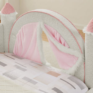 English Elm Twin Kids Boucle Upholstered Bed Solid Wood Frame with Full Guardrails Sculpted Silhouette White Castle Bed W1413S00219