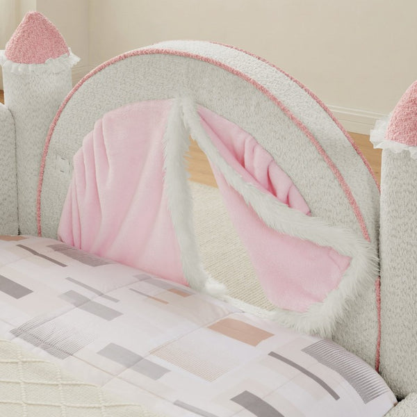 English Elm Twin Kids Boucle Upholstered Bed Solid Wood Frame with Full Guardrails Sculpted Silhouette White Castle Bed W1413S00219