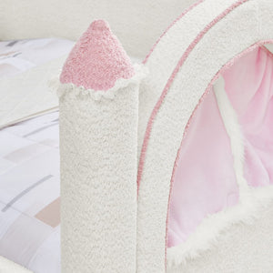 English Elm Twin Kids Boucle Upholstered Bed Solid Wood Frame with Full Guardrails Sculpted Silhouette White Castle Bed W1413S00219