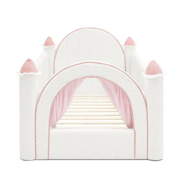 English Elm Twin Kids Boucle Upholstered Bed Solid Wood Frame with Full Guardrails Sculpted Silhouette White Castle Bed W1413S00219