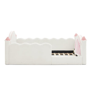 English Elm Twin Kids Boucle Upholstered Bed Solid Wood Frame with Full Guardrails Sculpted Silhouette White Castle Bed W1413S00219