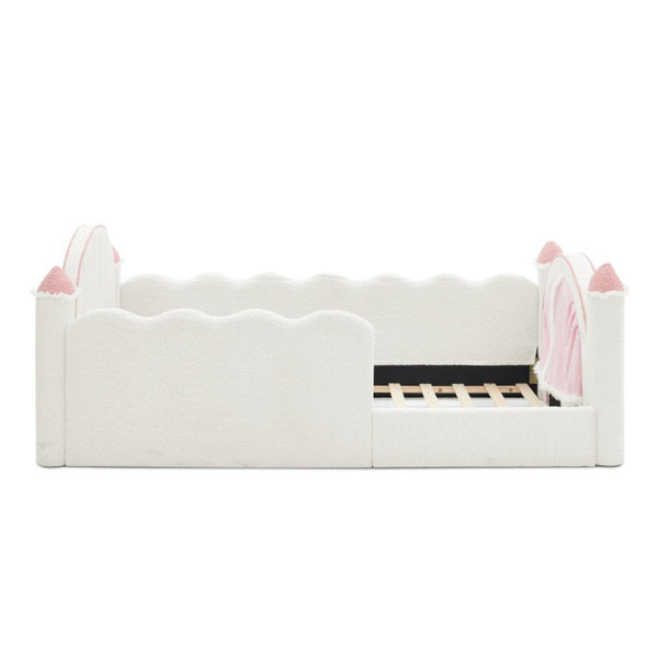 English Elm Twin Kids Boucle Upholstered Bed Solid Wood Frame with Full Guardrails Sculpted Silhouette White Castle Bed W1413S00219