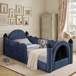 English Elm Twin Kids Boucle Upholstered Bed Solid Wood Frame with Full Guardrails Sculpted Silhouette Navy Castle Bed W1413S00220