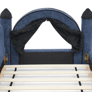 English Elm Twin Kids Boucle Upholstered Bed Solid Wood Frame with Full Guardrails Sculpted Silhouette Navy Castle Bed W1413S00220