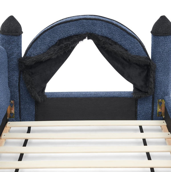 English Elm Twin Kids Boucle Upholstered Bed Solid Wood Frame with Full Guardrails Sculpted Silhouette Navy Castle Bed W1413S00220