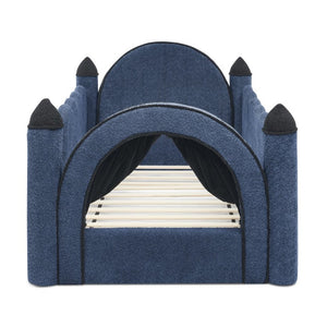 English Elm Twin Kids Boucle Upholstered Bed Solid Wood Frame with Full Guardrails Sculpted Silhouette Navy Castle Bed W1413S00220