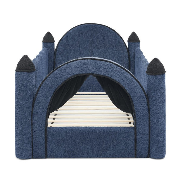 English Elm Twin Kids Boucle Upholstered Bed Solid Wood Frame with Full Guardrails Sculpted Silhouette Navy Castle Bed W1413S00220