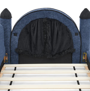 English Elm Twin Kids Boucle Upholstered Bed Solid Wood Frame with Full Guardrails Sculpted Silhouette Navy Castle Bed W1413S00220