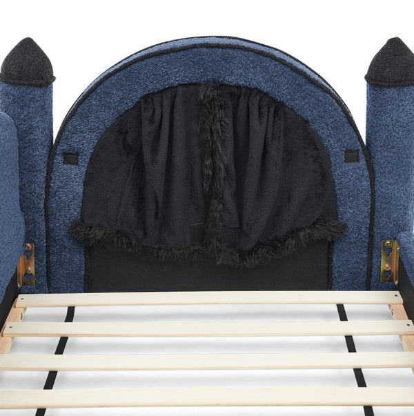 English Elm Twin Kids Boucle Upholstered Bed Solid Wood Frame with Full Guardrails Sculpted Silhouette Navy Castle Bed W1413S00220