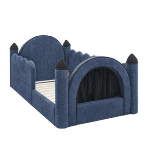 English Elm Twin Kids Boucle Upholstered Bed Solid Wood Frame with Full Guardrails Sculpted Silhouette Navy Castle Bed W1413S00220