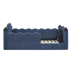 English Elm Twin Kids Boucle Upholstered Bed Solid Wood Frame with Full Guardrails Sculpted Silhouette Navy Castle Bed W1413S00220