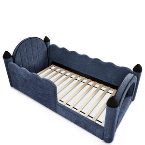 English Elm Twin Kids Boucle Upholstered Bed Solid Wood Frame with Full Guardrails Sculpted Silhouette Navy Castle Bed W1413S00220