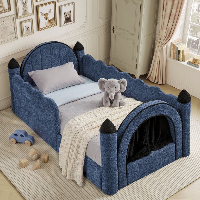 English Elm Twin Kids Boucle Upholstered Bed Solid Wood Frame with Full Guardrails Sculpted Silhouette Navy Castle Bed W1413S00220