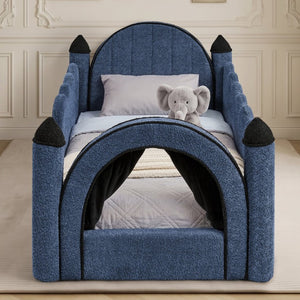 English Elm Twin Kids Boucle Upholstered Bed Solid Wood Frame with Full Guardrails Sculpted Silhouette Navy Castle Bed W1413S00220