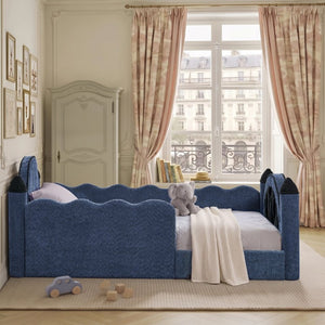 English Elm Twin Kids Boucle Upholstered Bed Solid Wood Frame with Full Guardrails Sculpted Silhouette Navy Castle Bed W1413S00220