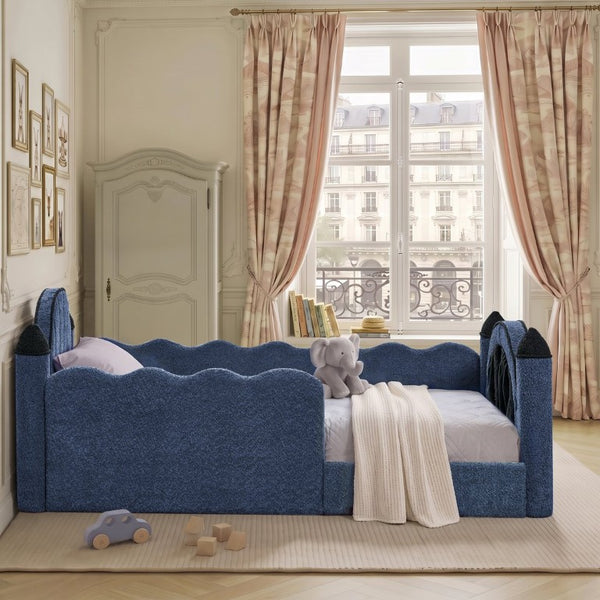 English Elm Twin Kids Boucle Upholstered Bed Solid Wood Frame with Full Guardrails Sculpted Silhouette Navy Castle Bed W1413S00220