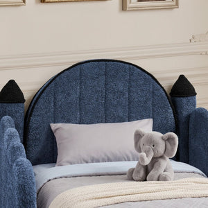 English Elm Twin Kids Boucle Upholstered Bed Solid Wood Frame with Full Guardrails Sculpted Silhouette Navy Castle Bed W1413S00220