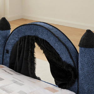 English Elm Twin Kids Boucle Upholstered Bed Solid Wood Frame with Full Guardrails Sculpted Silhouette Navy Castle Bed W1413S00220