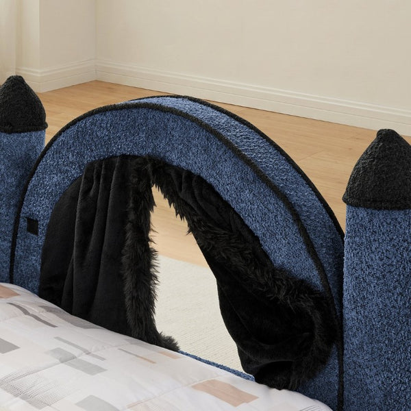 English Elm Twin Kids Boucle Upholstered Bed Solid Wood Frame with Full Guardrails Sculpted Silhouette Navy Castle Bed W1413S00220