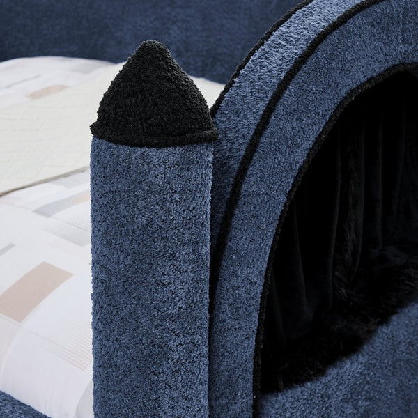 English Elm Twin Kids Boucle Upholstered Bed Solid Wood Frame with Full Guardrails Sculpted Silhouette Navy Castle Bed W1413S00220